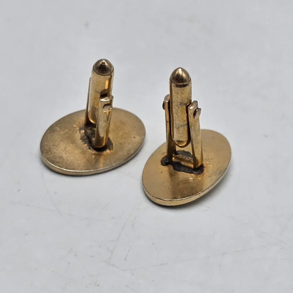 Vintage Gold Oval Cufflinks With Geometric Engraving Mid Century